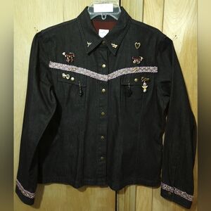 UpCycled Denim Emma James Black Denim Jacket Womens Lrg Purple Gold Trim Pins